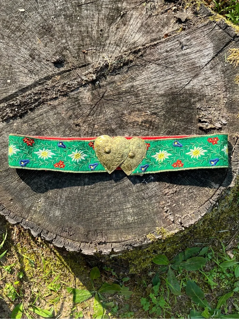 Vintage Handmade Austrian Edelweiss Floral Embroidered Belt Metal Heart Buckle